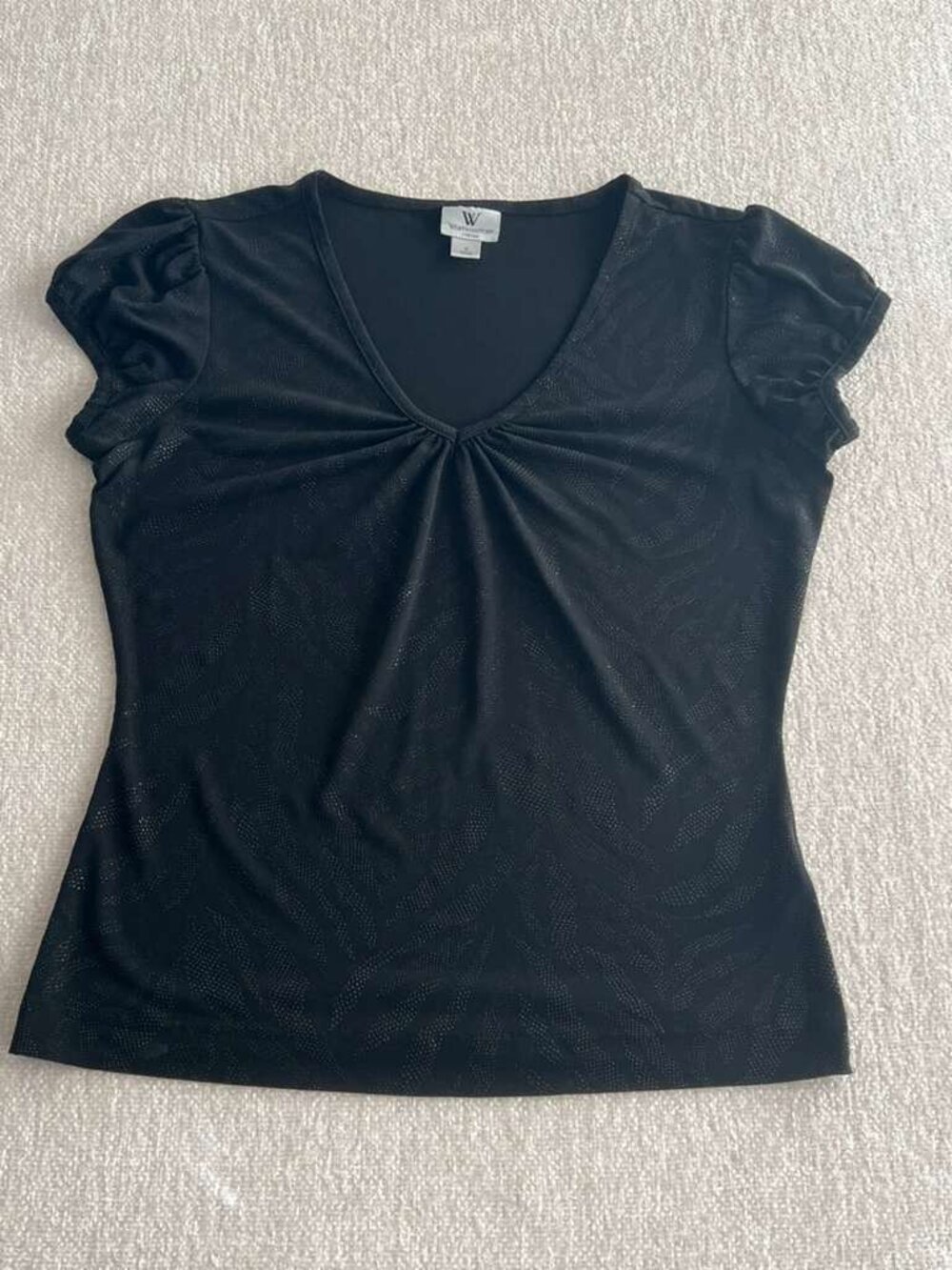 Worthington Stretch Black Ruched V-Neck Textured Top Size S - Picture 2 of 6